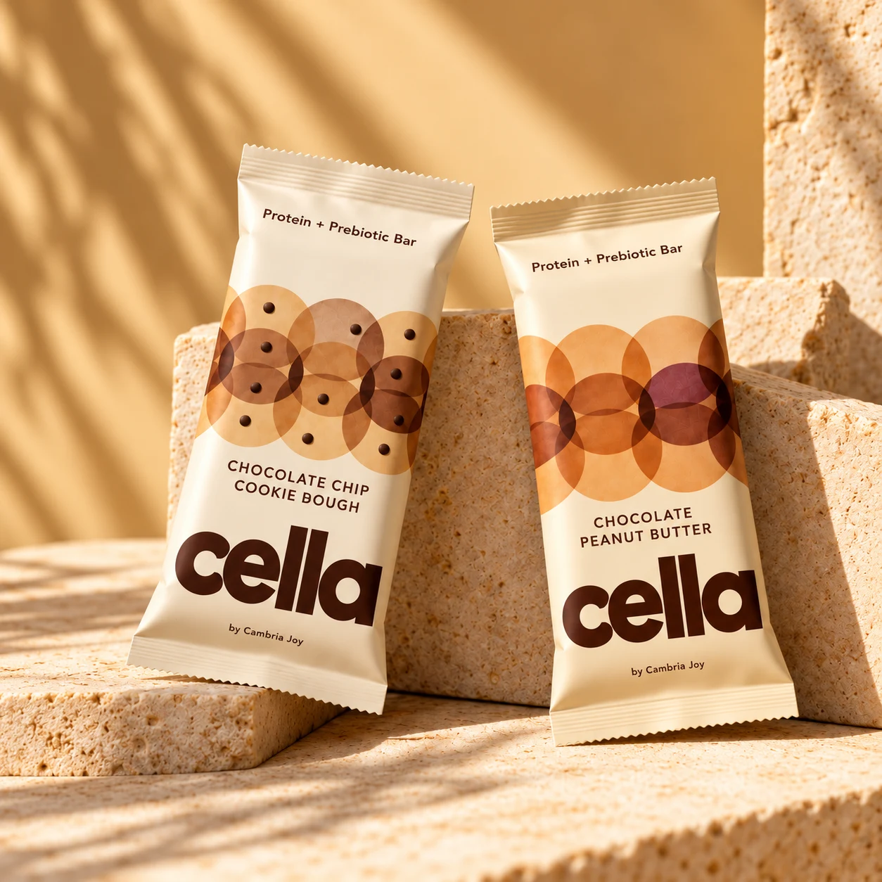 Two cella protein bars in cream wrappers with overlapping amber circles, resting on sunlit limestone.